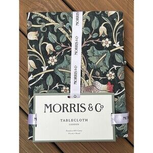 MORRIS & Co Lodden 70" Round Cotton Tablecloth Green Symmetrical Stem Flowers